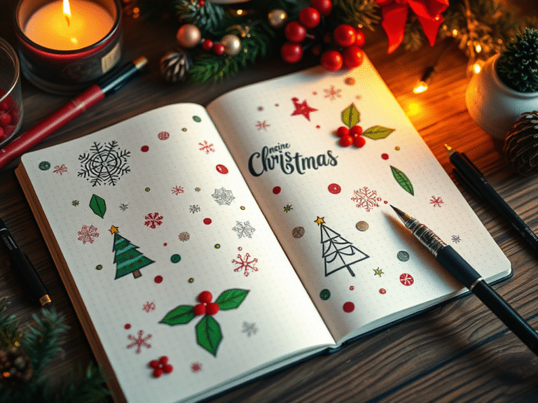 open bullet journal with Christmas doodles in it
