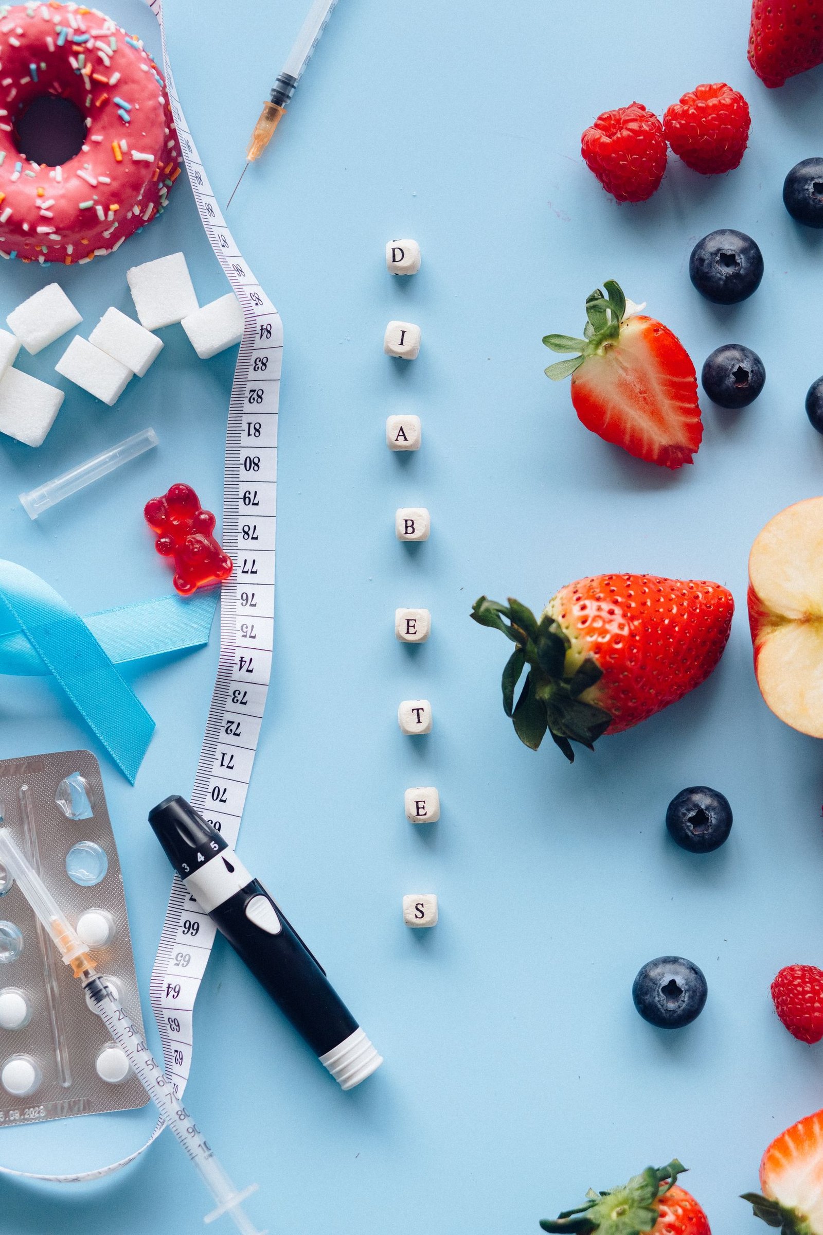 A vibrant composition highlighting diabetes management through diet and symbols.